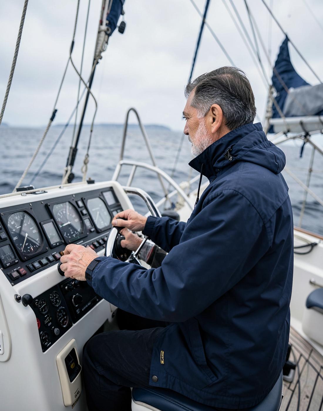 Experienced BAY delivery skipper at the helm